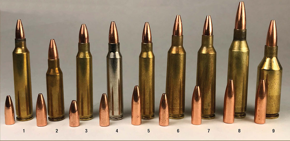 The full lineup of tested Varmint Grenade bullets:  (1) 204 Ruger, 26 grains, (2) 221 Fireball, 36 grains, (3) 223 Remington, 30 grains, (4) 223 Remington, 36 grains,  (5) 223 Remington, 50 grains, (6) 22-250 Remington, 36 grains, (7) 22-250 Remington, 50 grains, (8) 243 Winchester, 62 grains and (9) 243 WSSM, 62 grains.